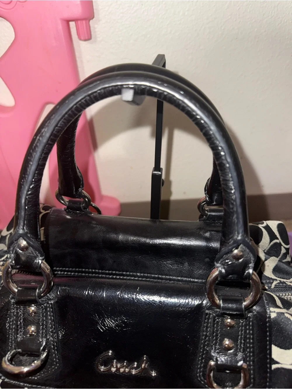 Coach Black and Ivory Logo Satchel with Patent Trim